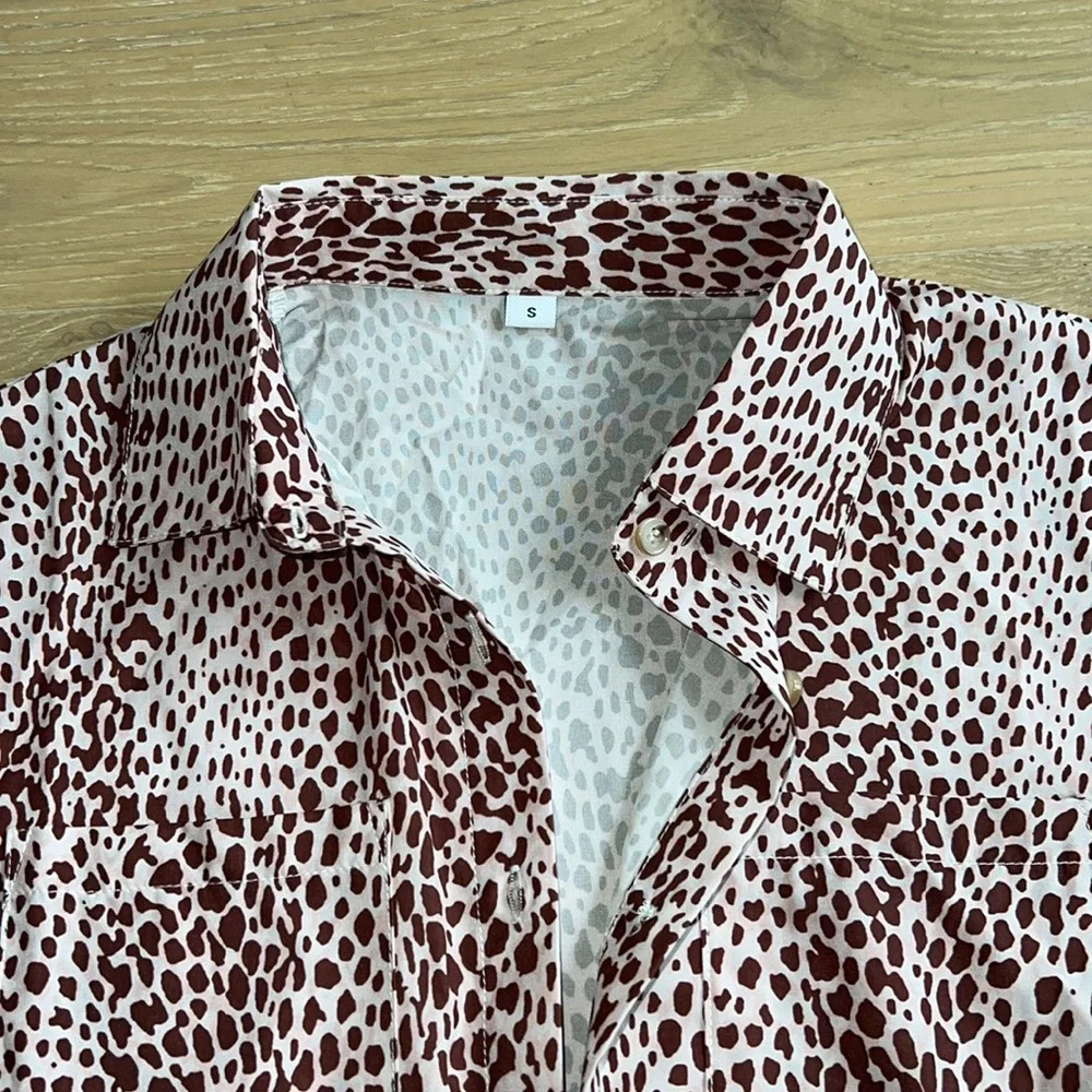 Cheetah Print Button Down Mini Shirt Dress Collared Long Sleeve Brown Small - Picture 5 of 8